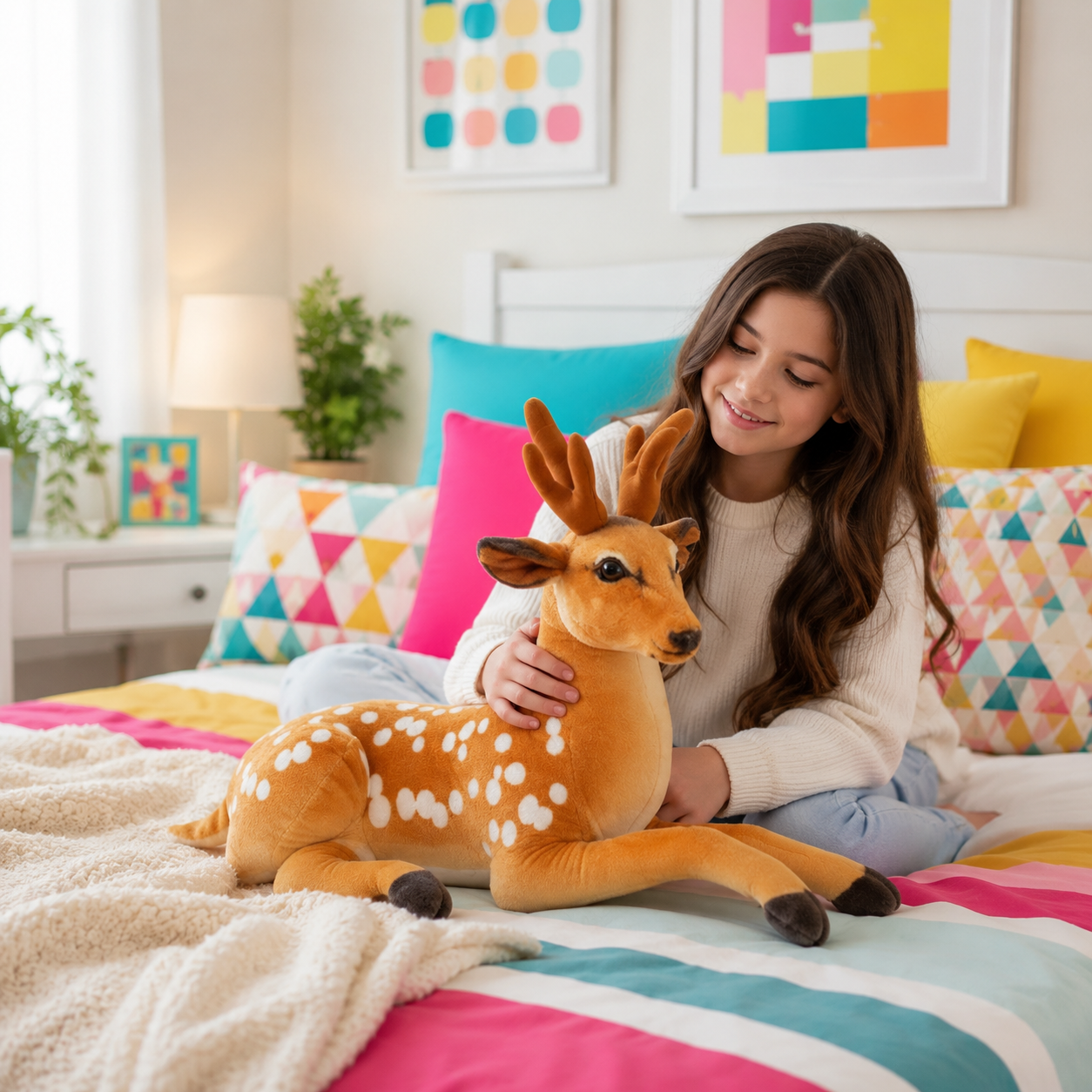 A young girl with long brown hair sits on a colorful bed, smiling and petting a large plush deer toy. The room has a bright, modern aesthetic with geometric patterned pillows, a white headboard, and framed wall art.