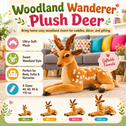 Woodland Wanderer plush deer toy in a cozy living room setting, with product features and size options displayed on a clean graphic layout. The plush deer is golden brown with white spots and large antlers, lying on a beige carpet in front of a colorful sofa.