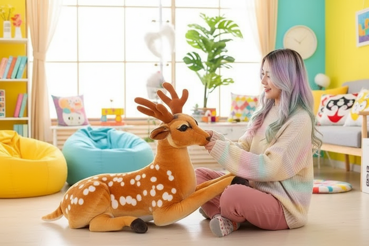 Person sitting on the floor with a large plush deer toy in a colorful room.