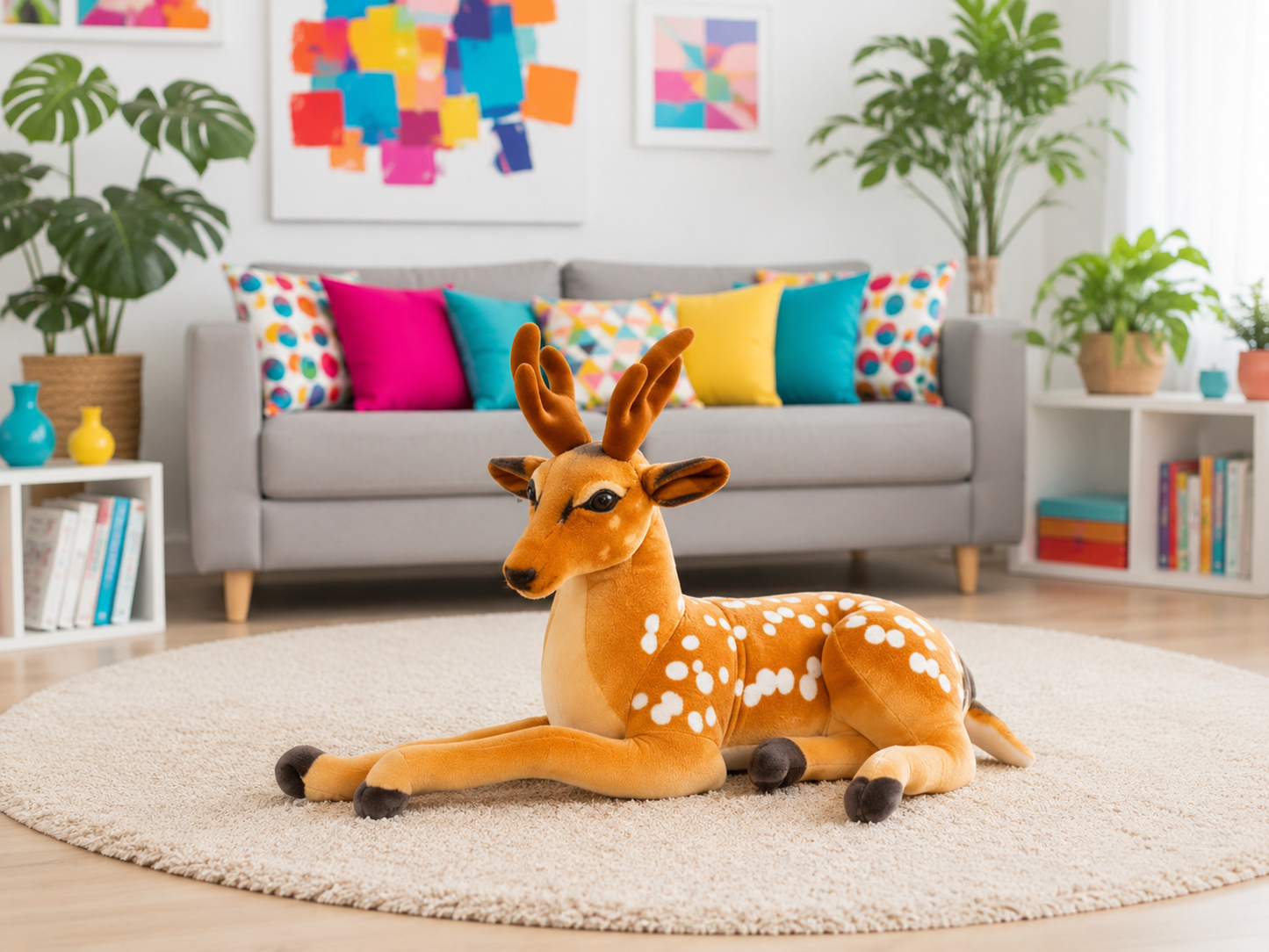 A plush stuffed deer toy with brown fur, white spots, and black hooves is lying on a round beige rug in a bright, modern living room with a gray sofa and colorful pillows in the background.