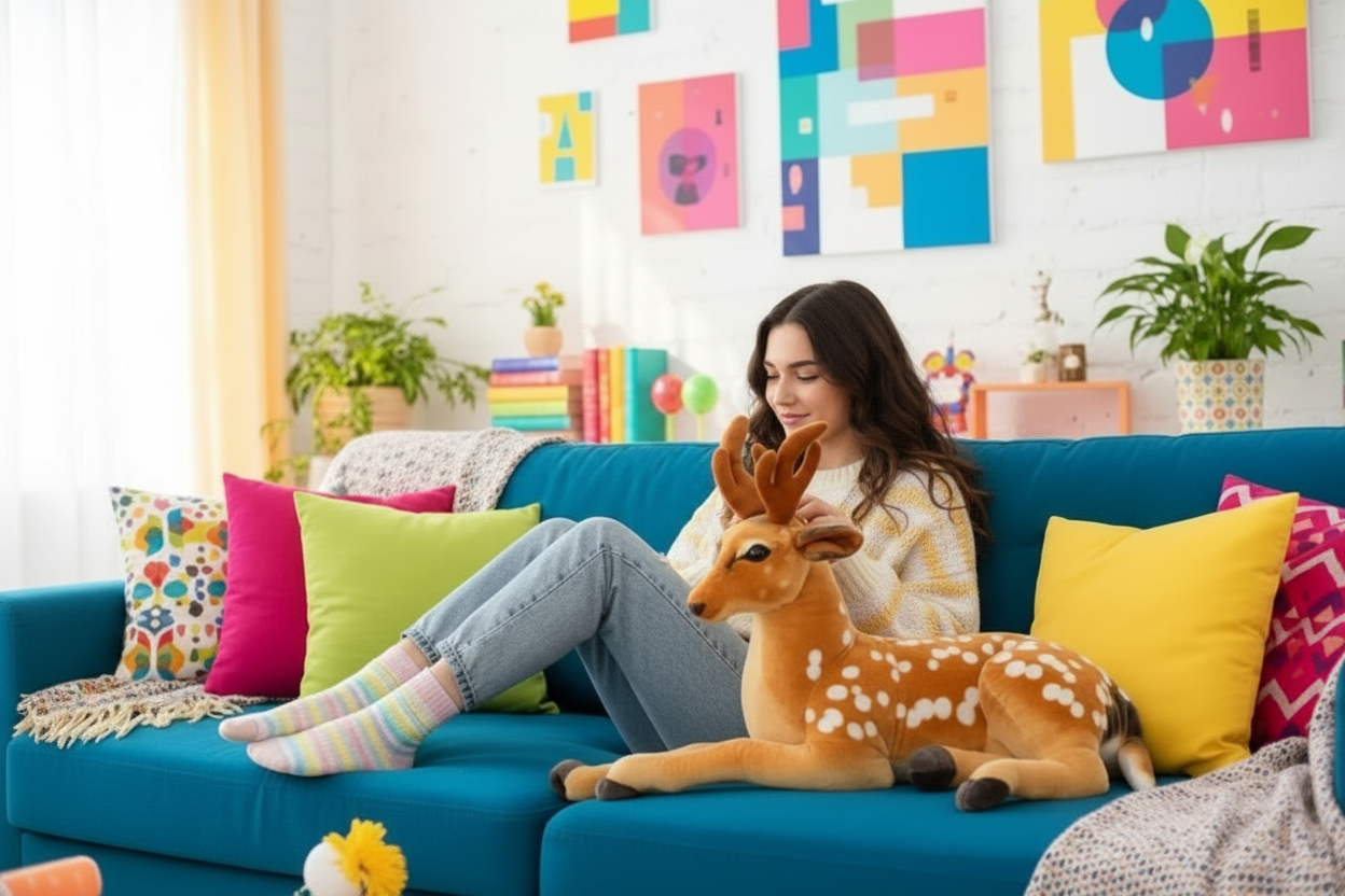 Woman sitting on a colorful couch with a plush deer toy, surrounded by vibrant decor.