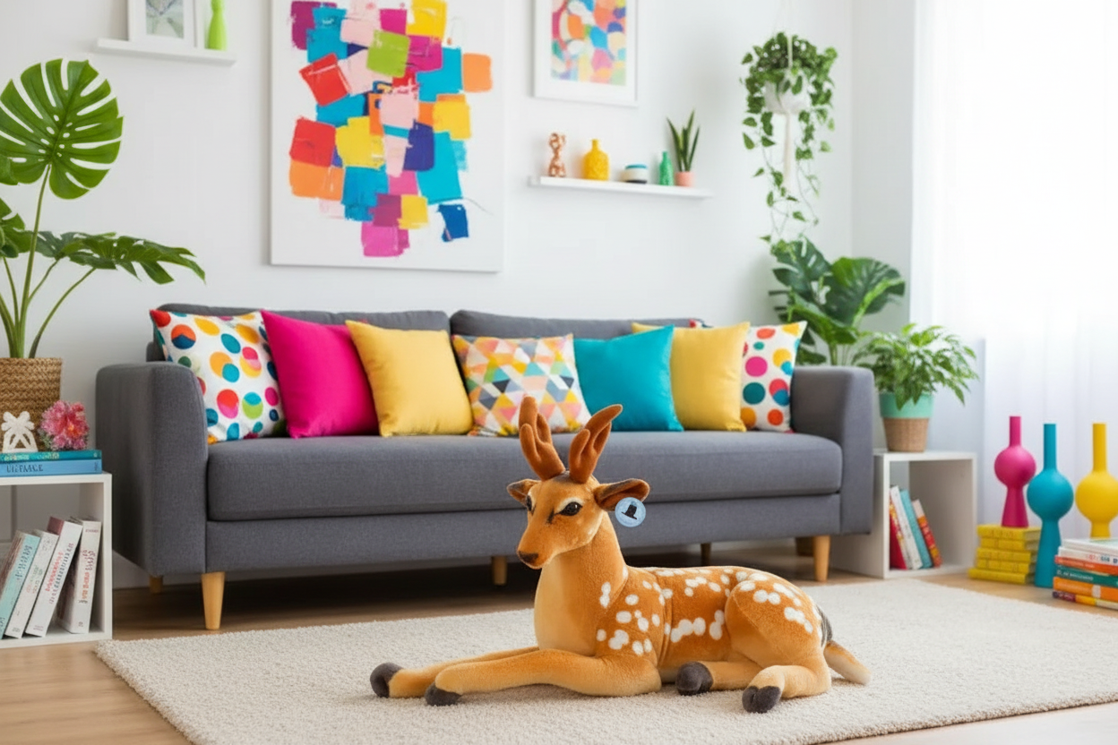 Living room with a gray sofa, colorful cushions, and a deer plush toy on the floor.