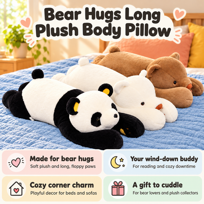 Bear Hugs long plush body pillows with benefits for cuddles, cozy company, playful decor and gifting.