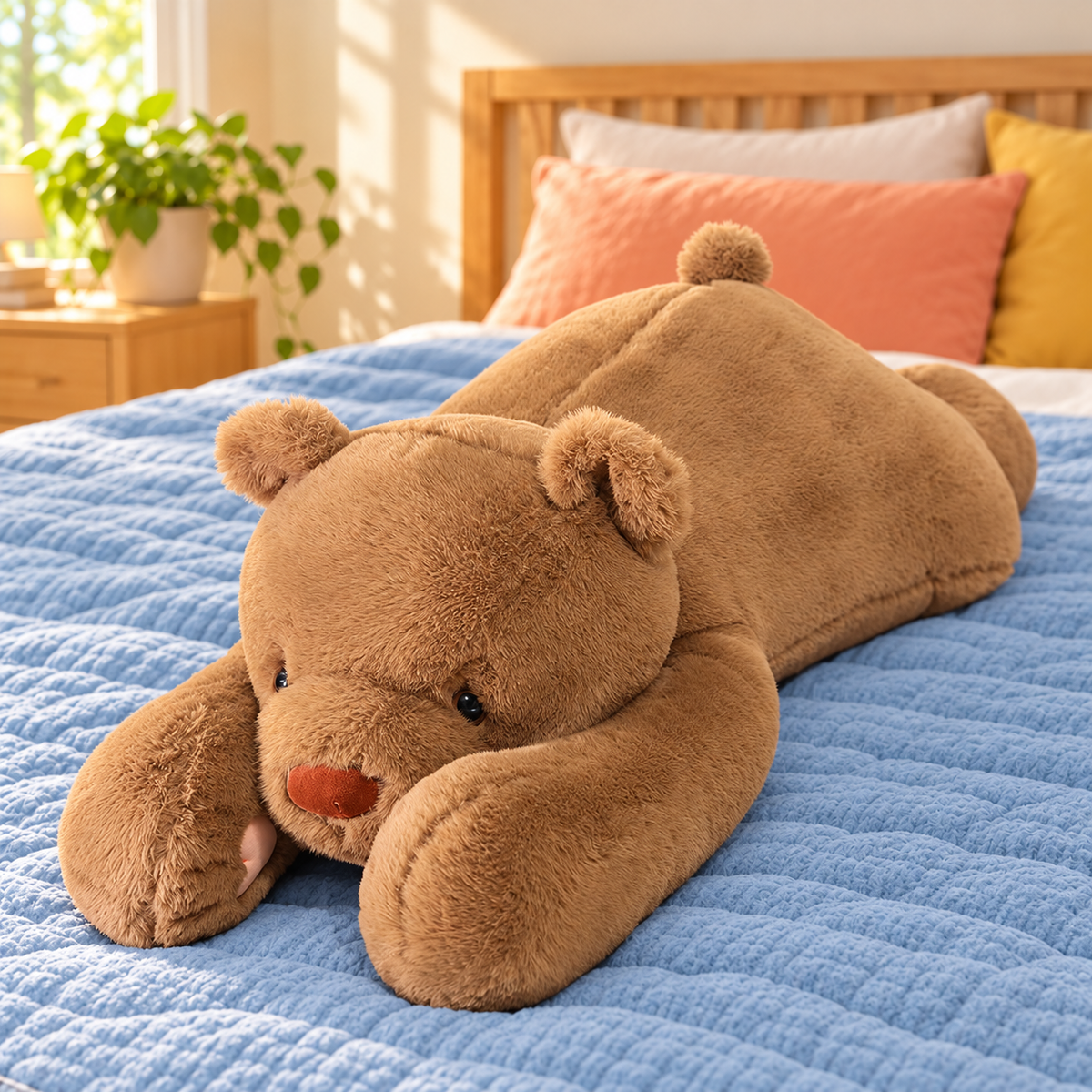 Brown Bear Bear Hugs body pillow with a rounded muzzle, brown nose and long floppy front paws.