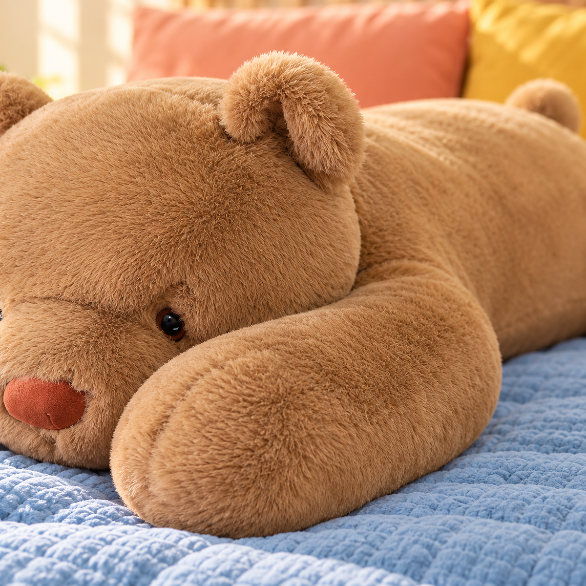 Close-up showing the Brown Bear Bear Hugs body pillow’s soft, short plush fabric.