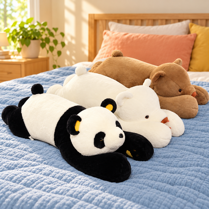 Brown Bear, White Bear, and Panda Bear Hugs long plush body pillows together on a dusty-blue bed.