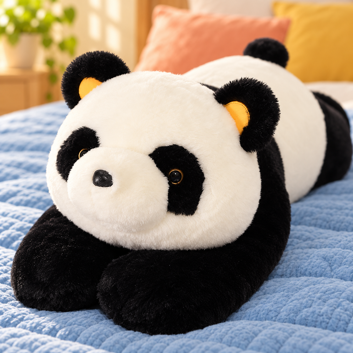 Close-up of the Panda Bear Hugs pillow’s black eye patches, small dark eyes and rounded muzzle.