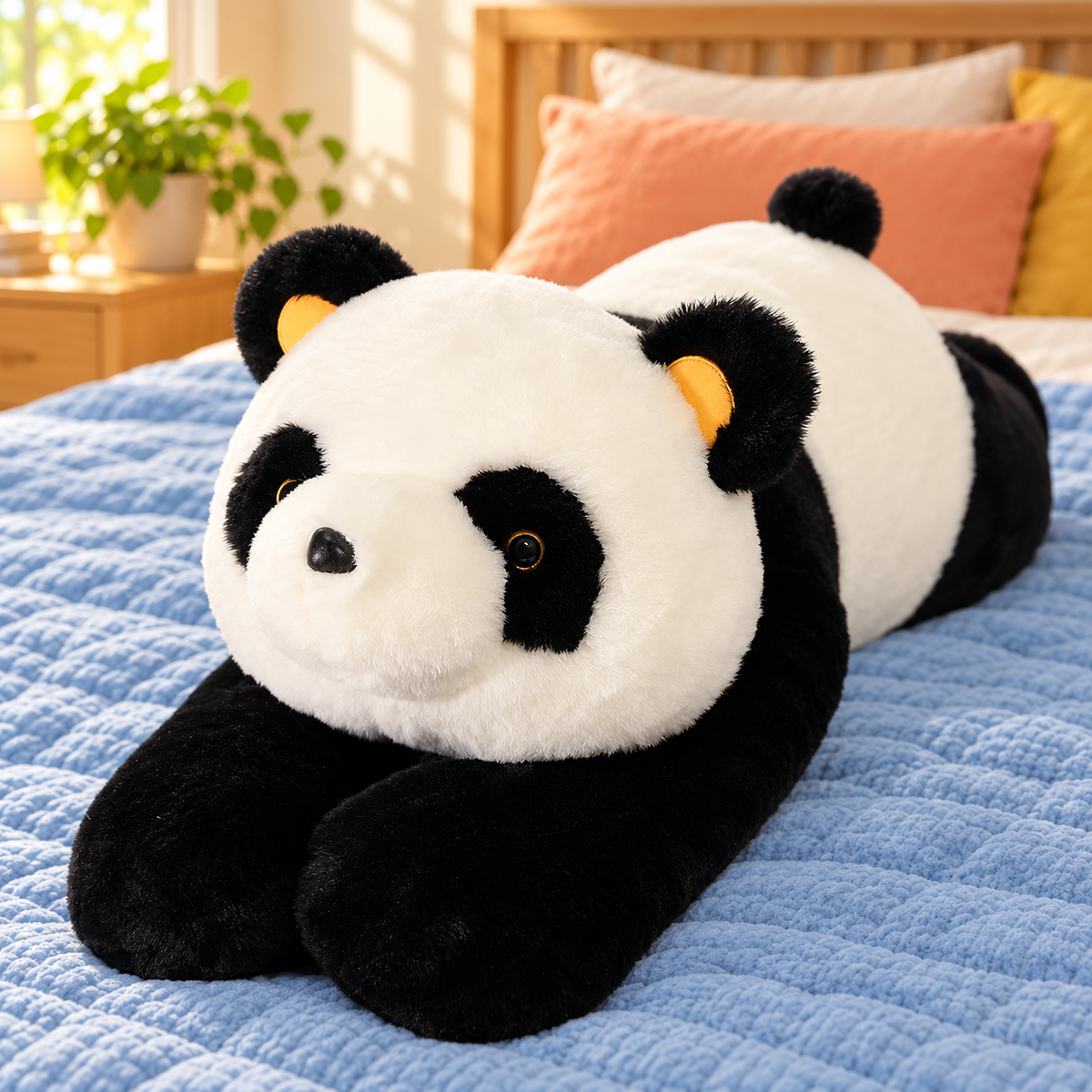 Panda Bear Hugs body pillow with black eye patches, yellow inner ears and long black front paws.