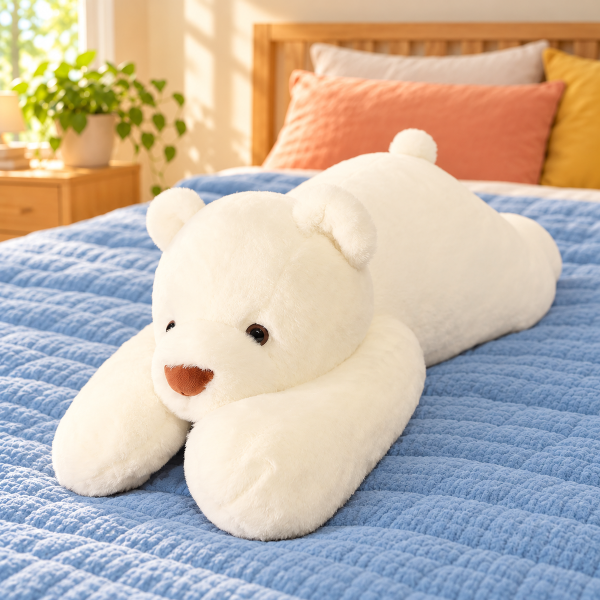 White Bear Bear Hugs body pillow with cream-white plush fabric, round ears and a warm brown nose.