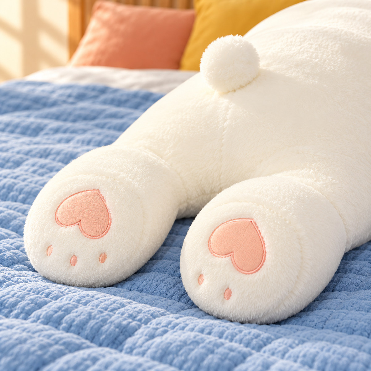 White Bear Bear Hugs body pillow showing its pink heart-shaped paw pads and small toe details.