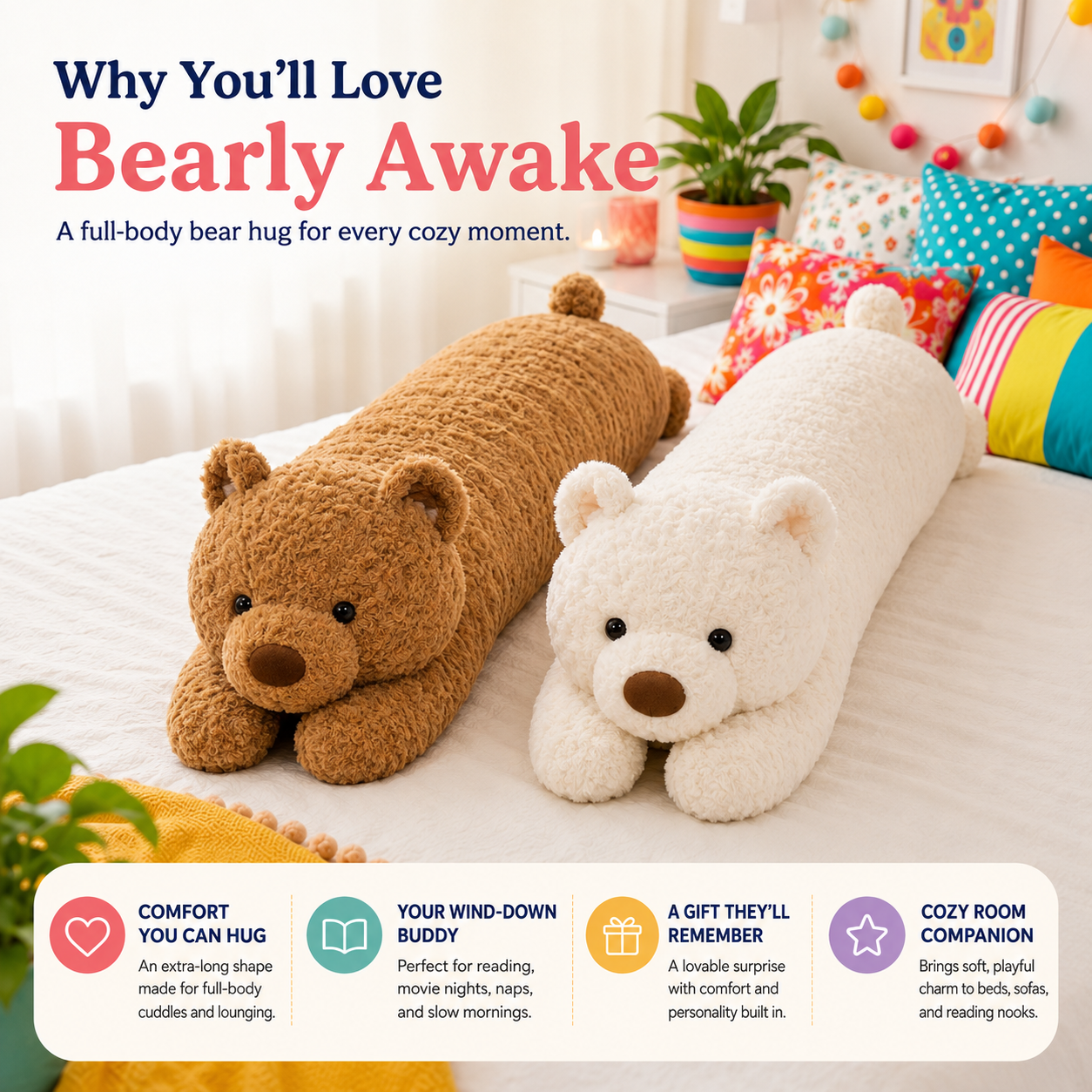 Cloud Cream and Honey Brown Bearly Awake teddy bear body pillows with comfort, wind-down, gifting, and room companion benefits.