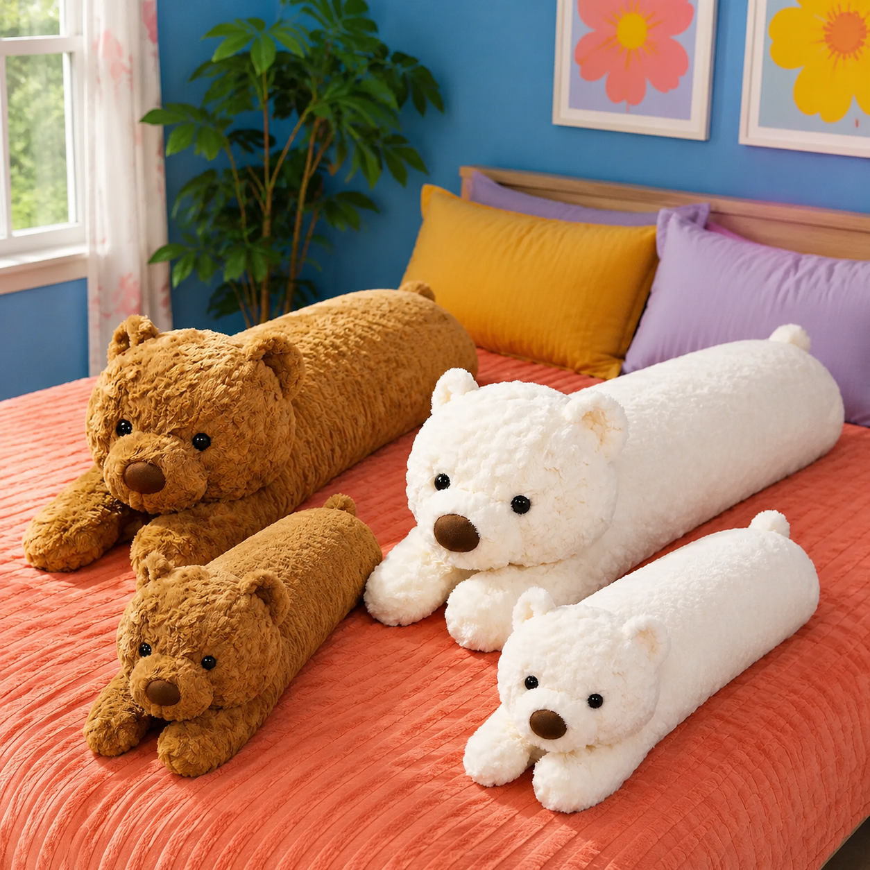 Cloud Cream and Honey Brown Bearly Awake teddy bear body pillows shown together in both available sizes.