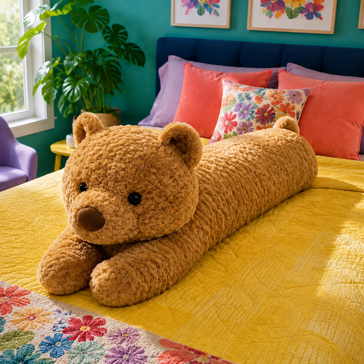 Honey Brown Bearly Awake teddy bear body pillow on a yellow bed in a bright teal bedroom.