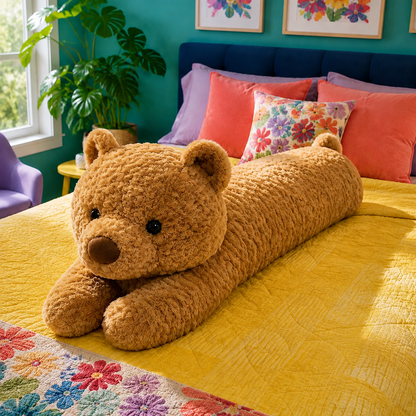 Honey Brown Bearly Awake teddy bear body pillow on a yellow bed in a bright teal bedroom.