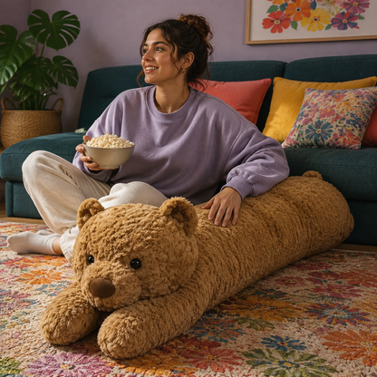 Young woman enjoying movie night with a Honey Brown Bearly Awake teddy bear body pillow on a colorful rug.
