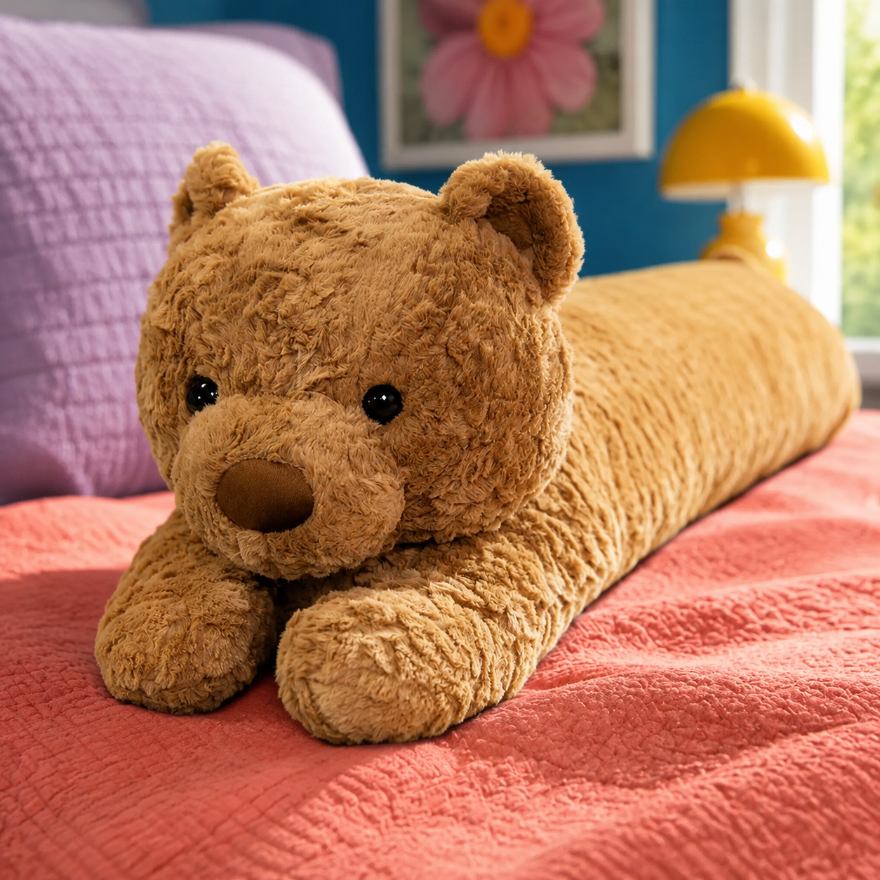 Close-up of the Honey Brown Bearly Awake teddy bear body pillow's curly plush texture, rounded ears, eyes, nose, and paws.