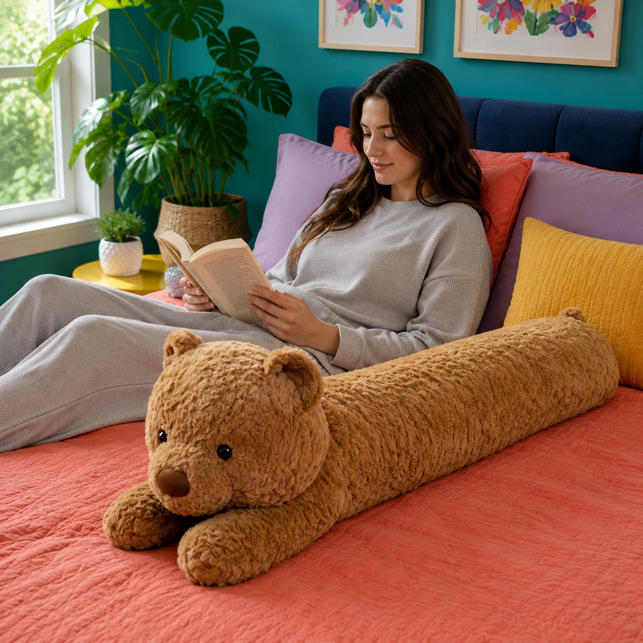 Woman reading in bed beside a fully visible Honey Brown Bearly Awake teddy bear body pillow.