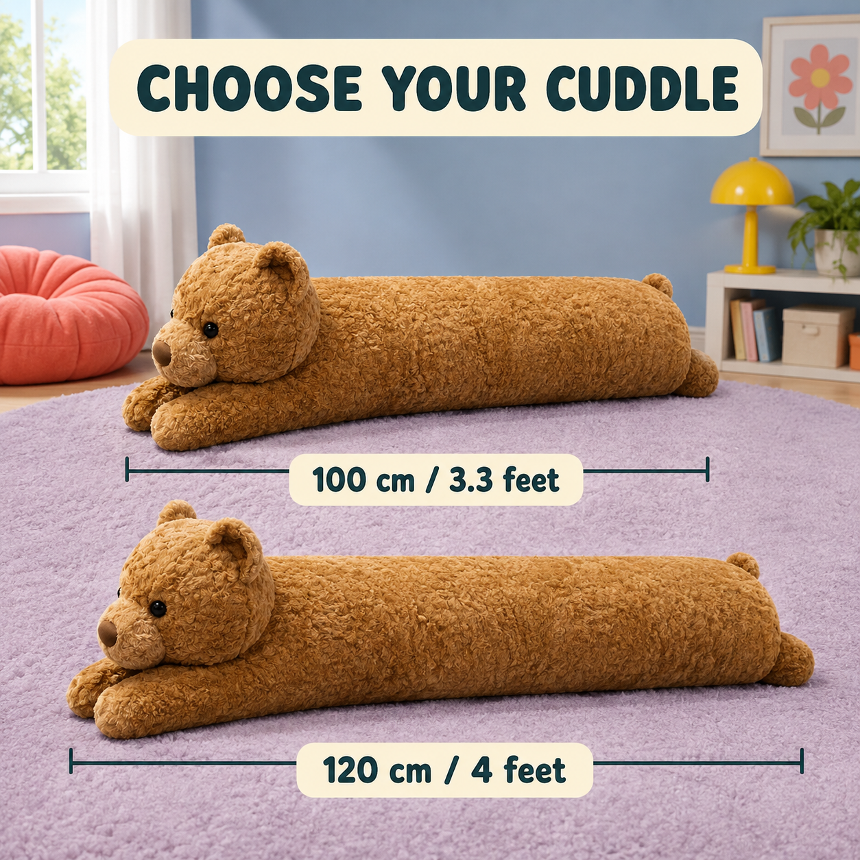 Bearly Awake teddy bear body pillow size comparison showing 100cm at 3.3 feet and 120cm at 4 feet.