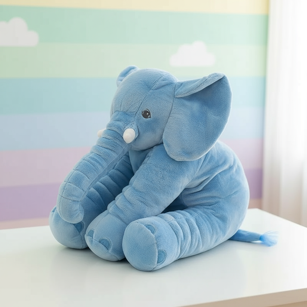Blue elephant plush toy on a white surface with a pastel-colored wall in the background