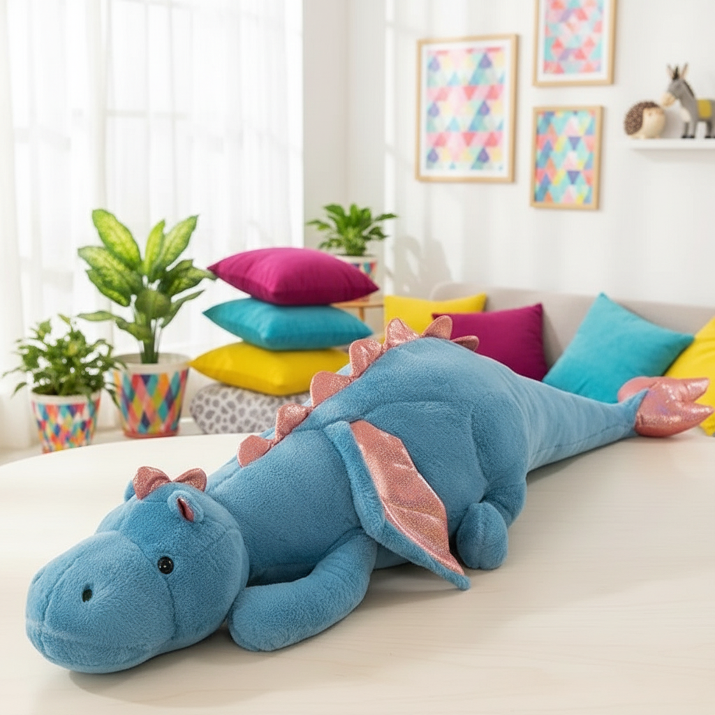 Blue dragon plush toy on a couch with colorful pillows and plants in the background