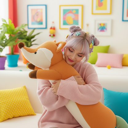 Person hugging a large orange fox plush toy in a colorful living room.