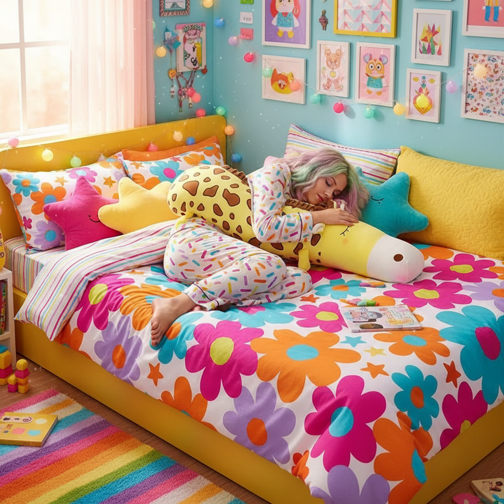Child lying on a bed with colorful bedding and pillows in a bright, child-friendly room.