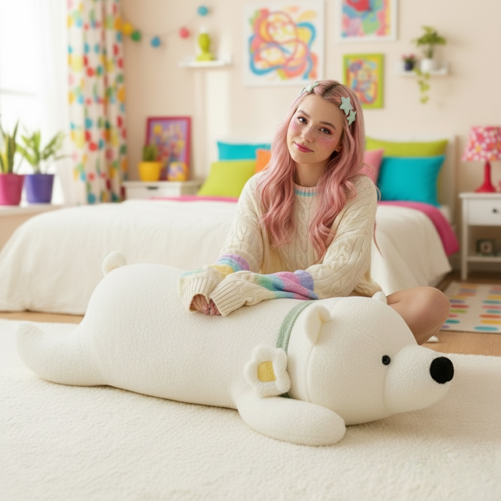 Person sitting on a large white polar bear plush toy in a colorful room