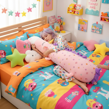 Child's bedroom with colorful bedding and toys, featuring a child lying on the bed.