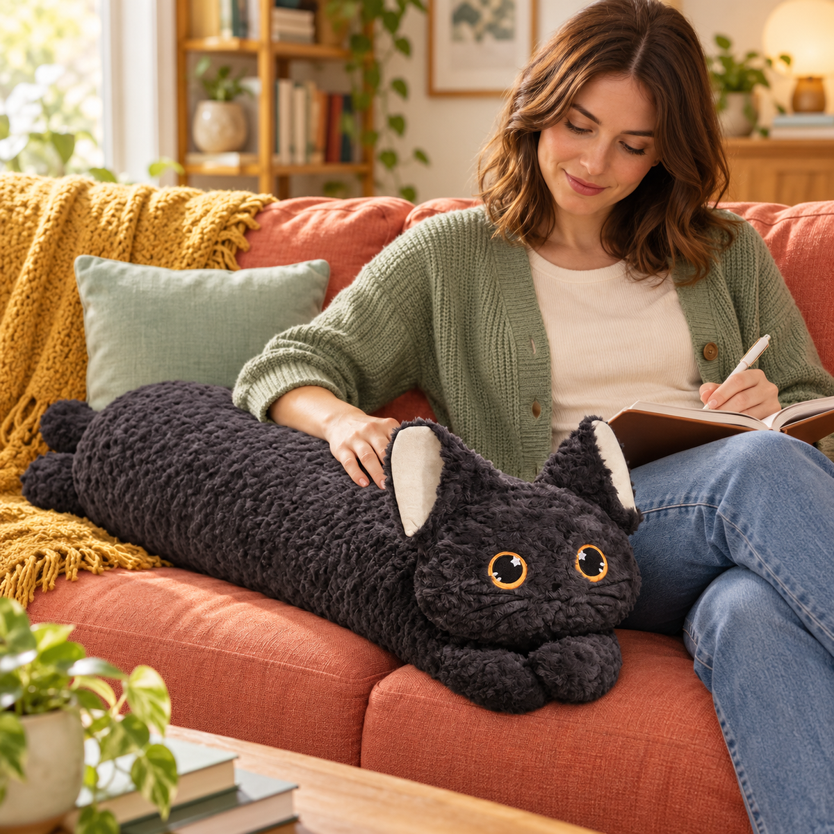 A woman journaling on a sofa with the Black Bright Eyes long cat body pillow beside her.