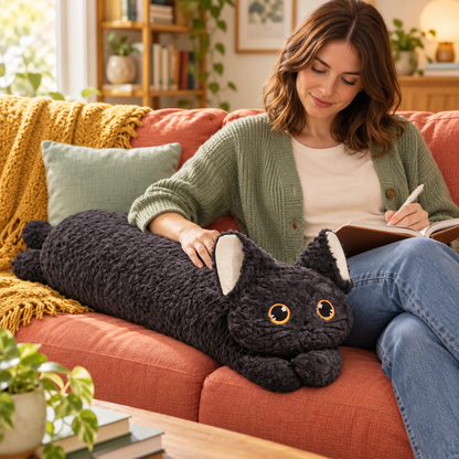 A woman journaling on a sofa with the Black Bright Eyes long cat body pillow beside her.