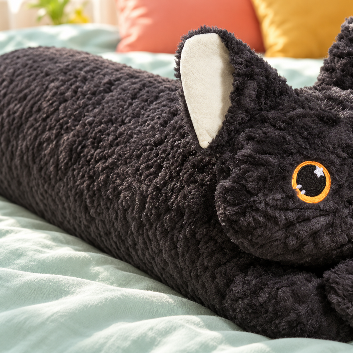 Close-up showing the Black Bright Eyes cat body pillow’s fluffy curly plush texture.