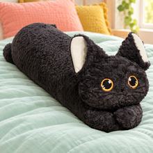 Black Bright Eyes cat body pillow with golden-ringed embroidered eyes and ivory inner ears.