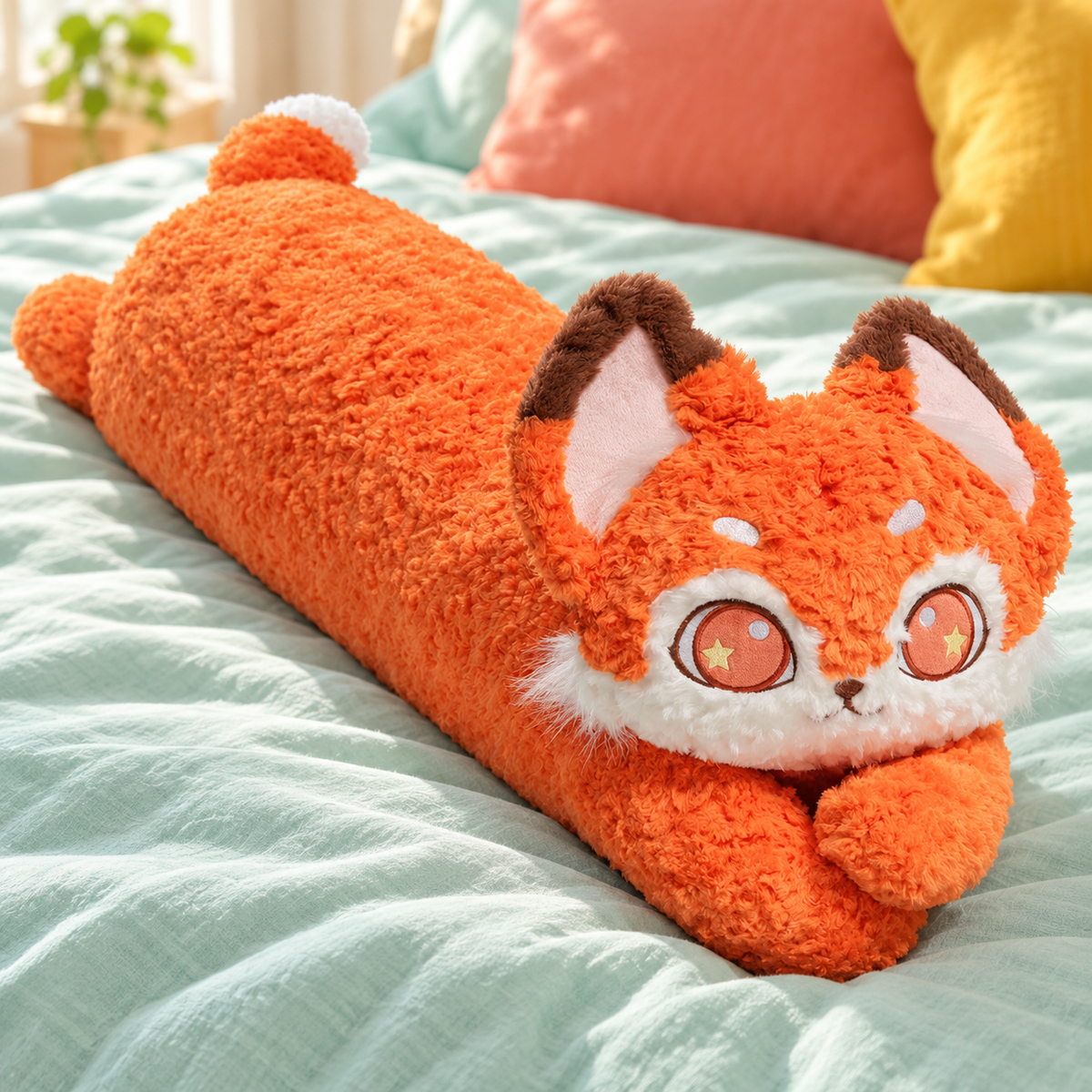 Orange Bright Eyes cat body pillow showing its resting paws and short white-tipped tail.