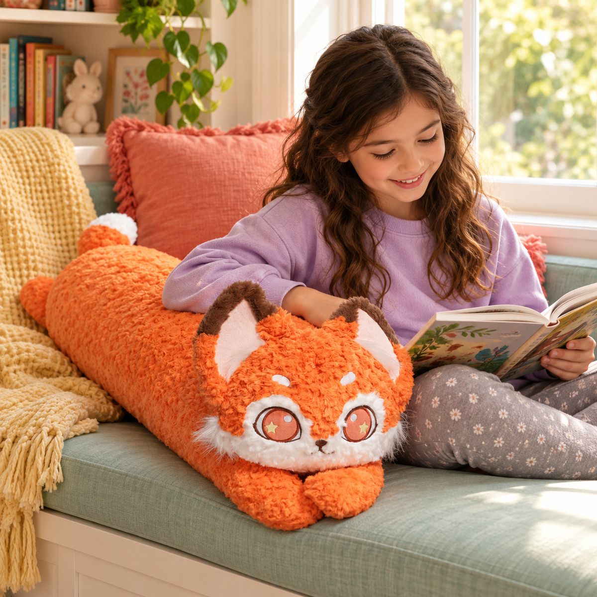 A child reading beside the Orange Bright Eyes cat body pillow in a colorful cozy corner.