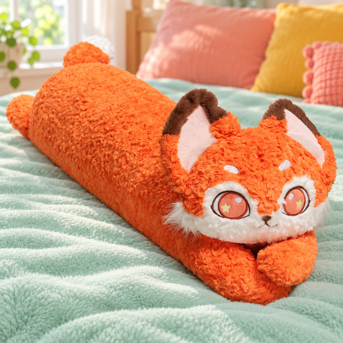 Orange Bright Eyes cat body pillow with a white muzzle, starry embroidered eyes and brown ear tips.