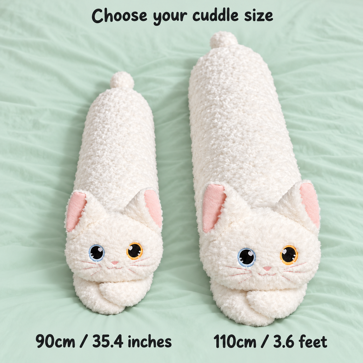 Bright Eyes cat body pillow size comparison labelled 90cm / 35.4 inches and 110cm / 3.6 feet.