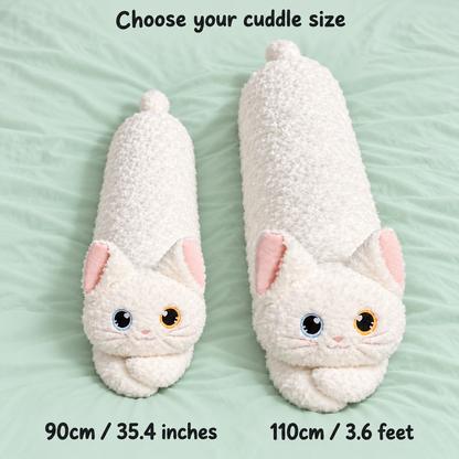 Bright Eyes cat body pillow size comparison labelled 90cm / 35.4 inches and 110cm / 3.6 feet.