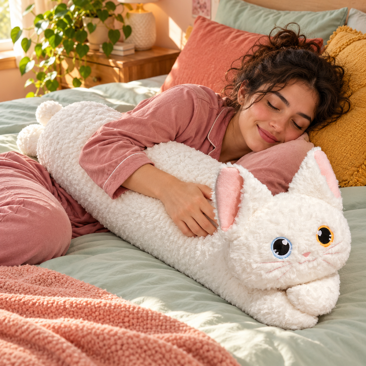 A young woman cuddling the White Bright Eyes cat body pillow while relaxing in bed.