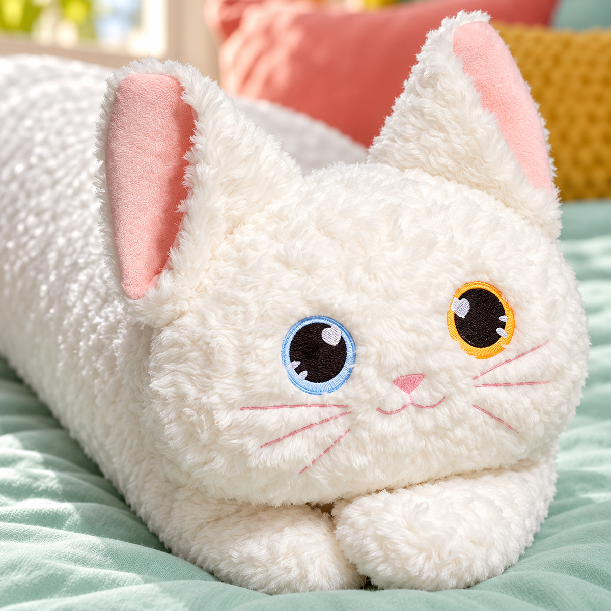 Close-up of the White Bright Eyes cat pillow’s mismatched embroidered eyes, pink nose and whiskers.