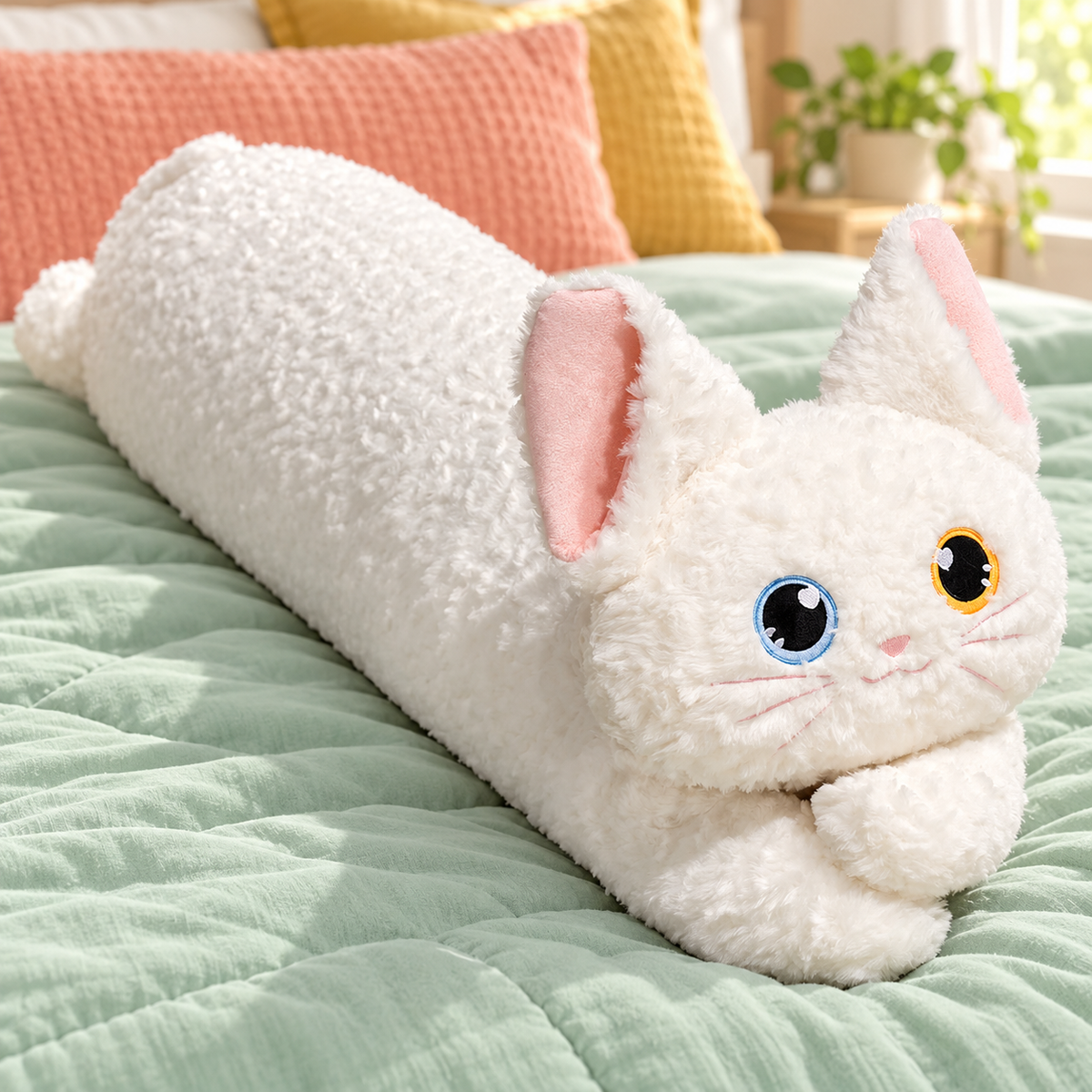 White Bright Eyes cat body pillow with pink inner ears and mismatched blue-and-gold eye rims.