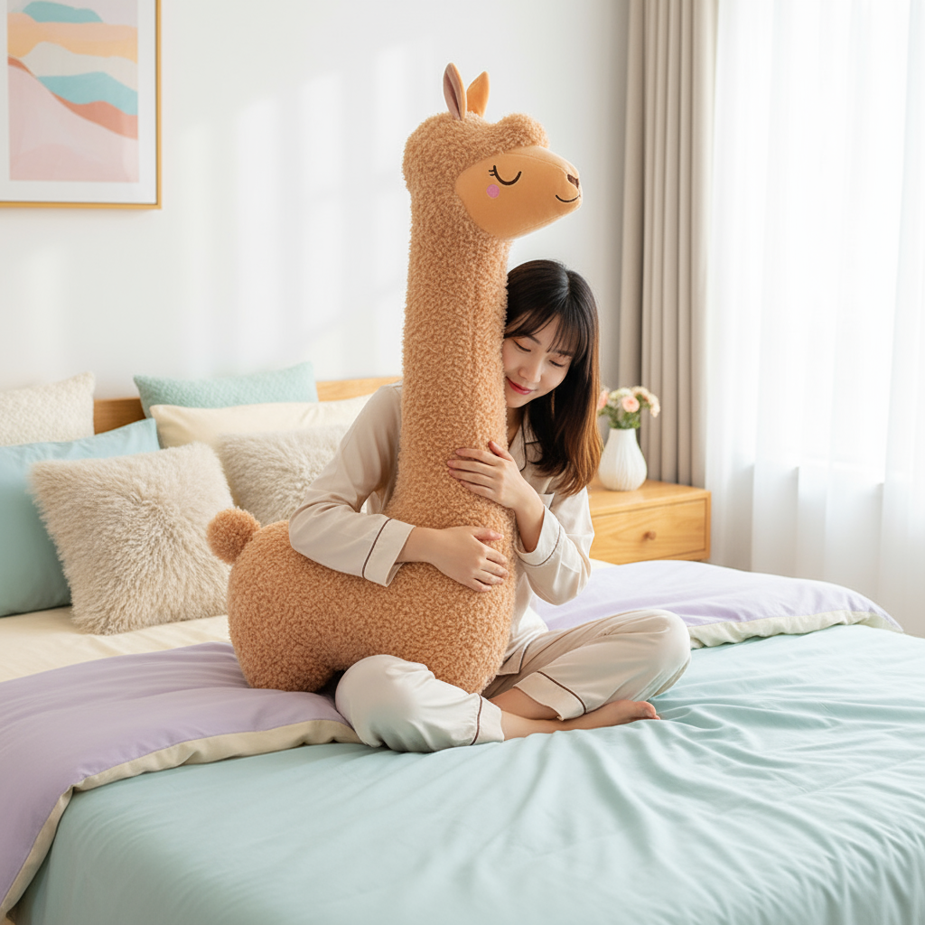 Person hugging a large llama-shaped plushie pillow in a cozy bedroom.