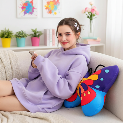 Woman in a purple hoodie sitting on a couch with a colorful butterfly-shaped pillow.