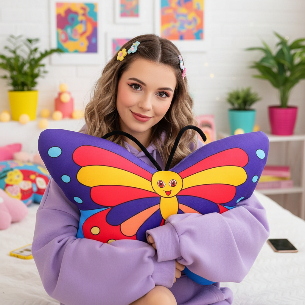 Woman holding a colorful butterfly-shaped pillow in a room with plants and toys.