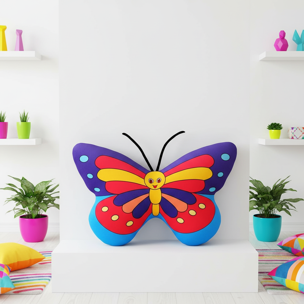 Colorful butterfly-shaped pillow on a white surface with a white wall and shelves in the background.