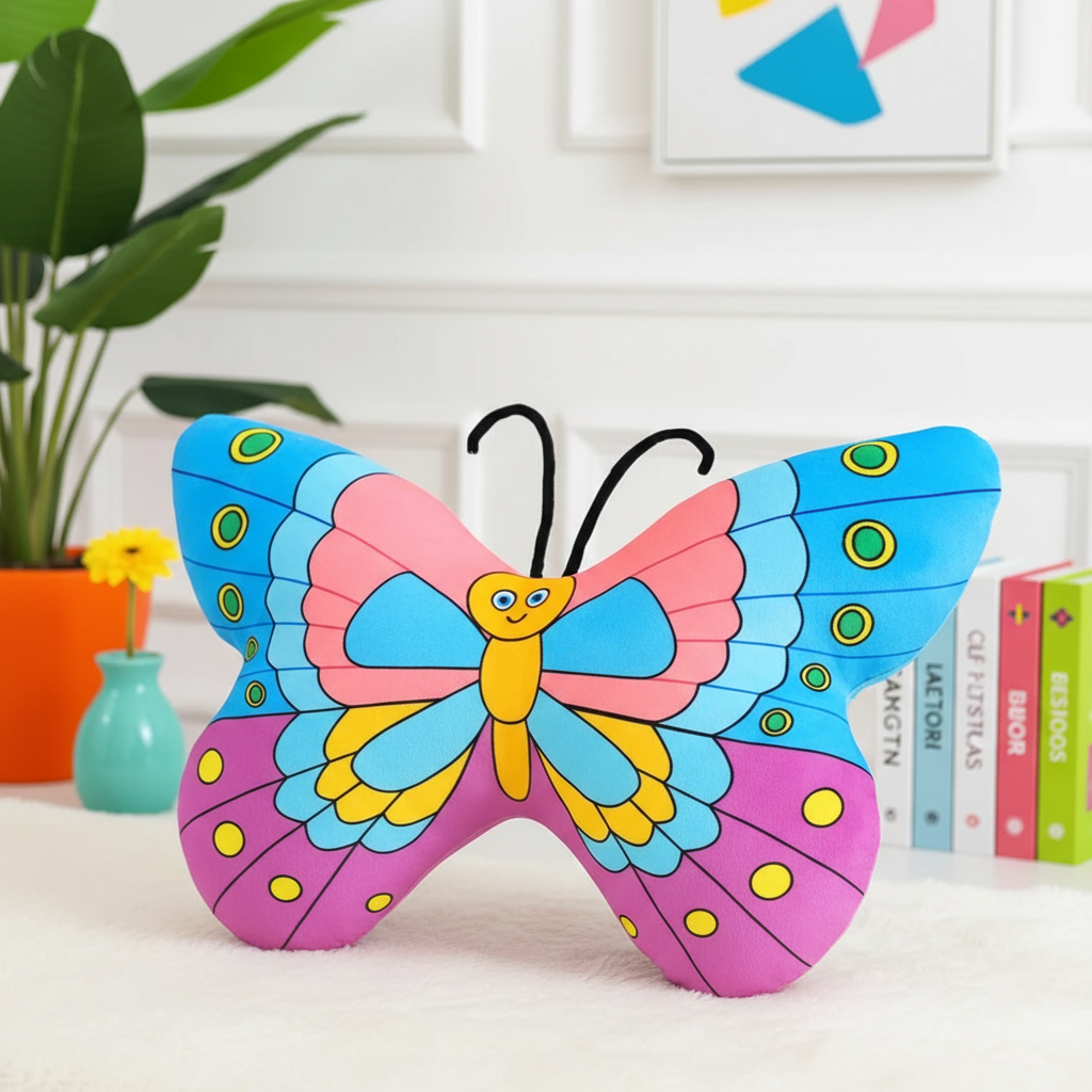Colorful butterfly-shaped pillow on a white surface with a plant and books in the background