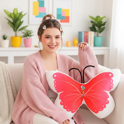 Woman holding a butterfly-shaped pillow in a bright room with plants and books.