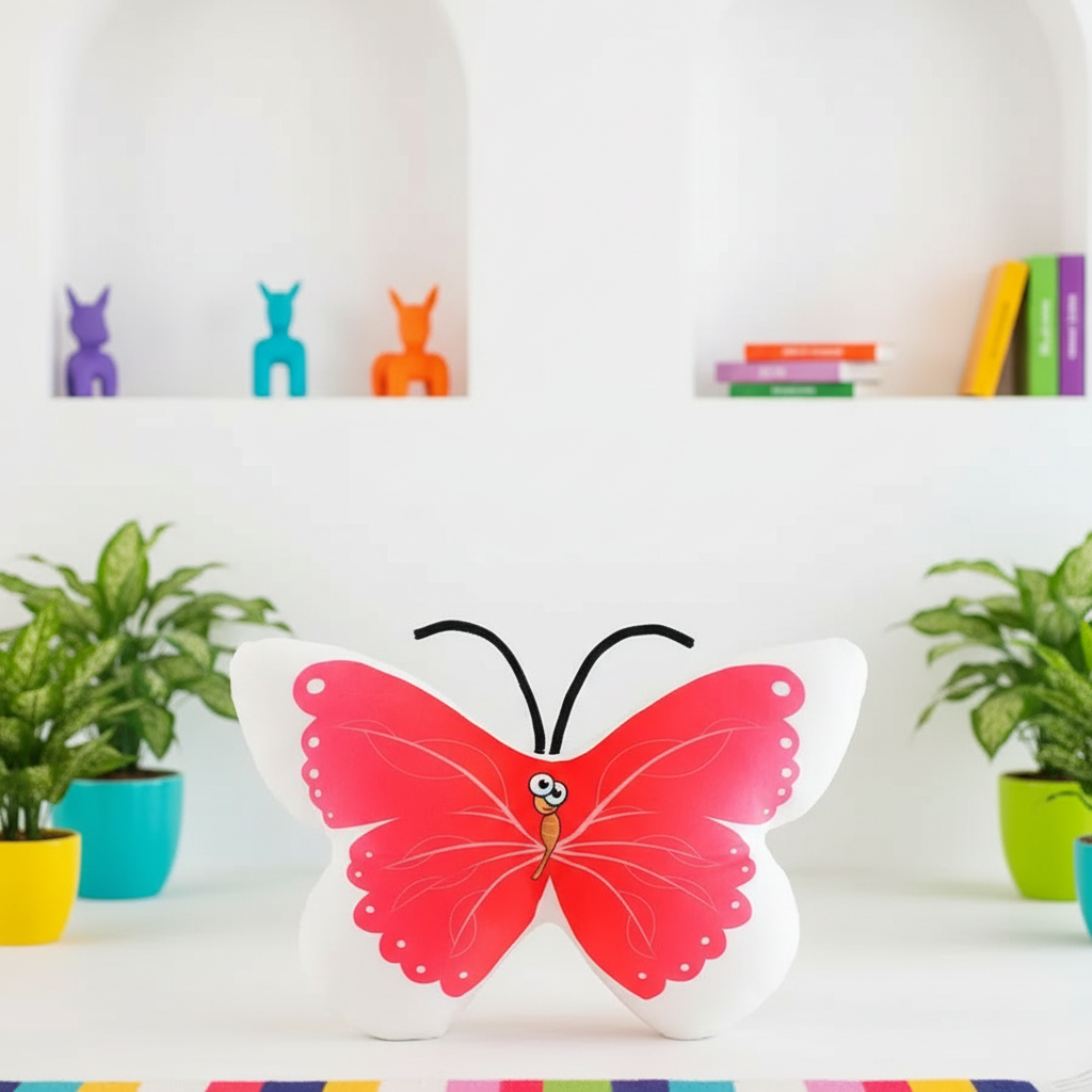 Butterfly-shaped pillow on a white surface with colorful books and plant pots in the background.