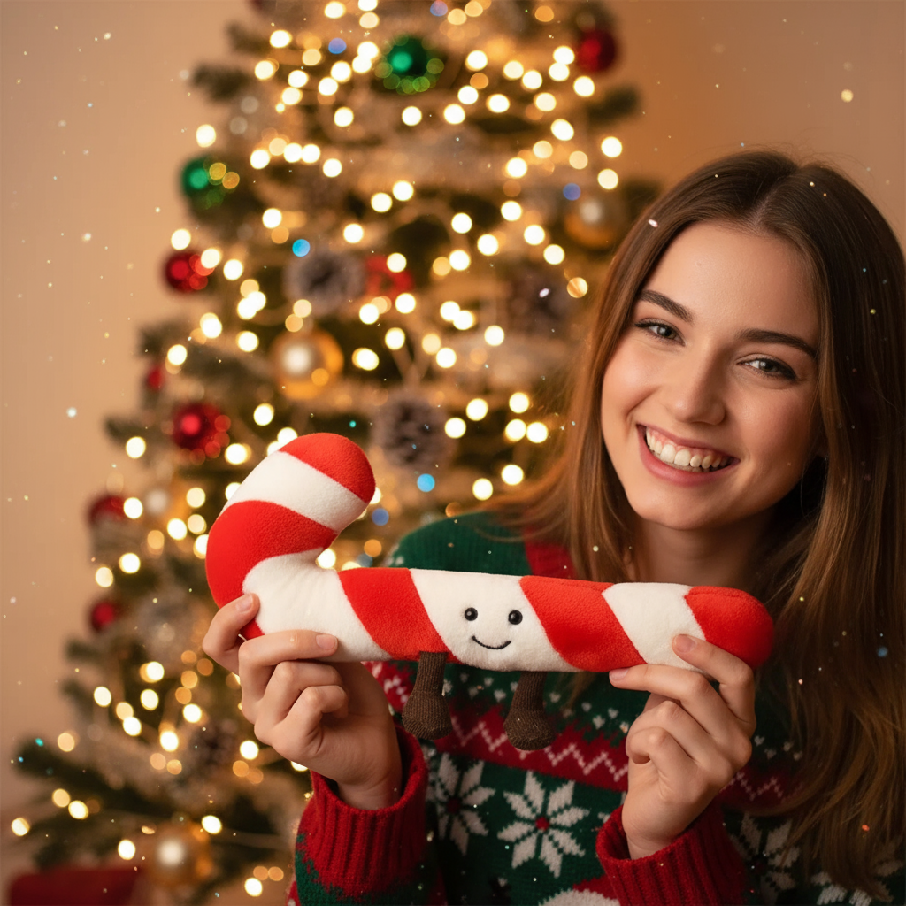 Woman holding a candy cane plush toy in front of a decorated Christmas tree.
