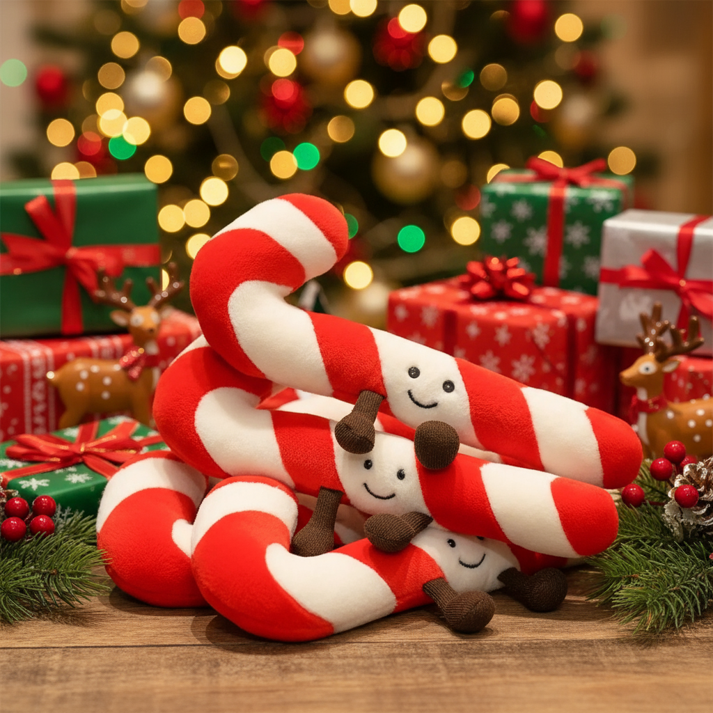 Stack of red and white candy cane-shaped plush toys with smiling faces on a wooden surface, surrounded by Christmas presents and decorations.