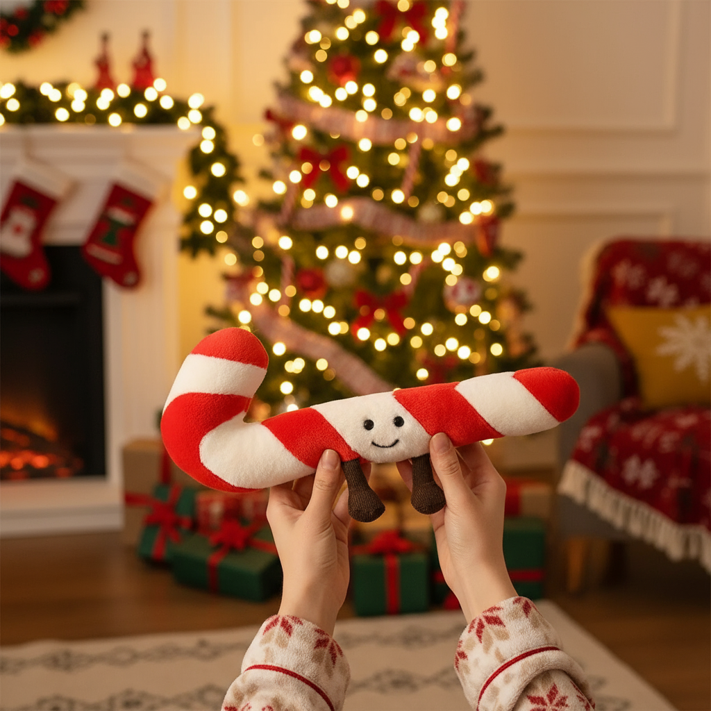 Person holding a candy cane-shaped plush toy in front of a Christmas tree and fireplace.